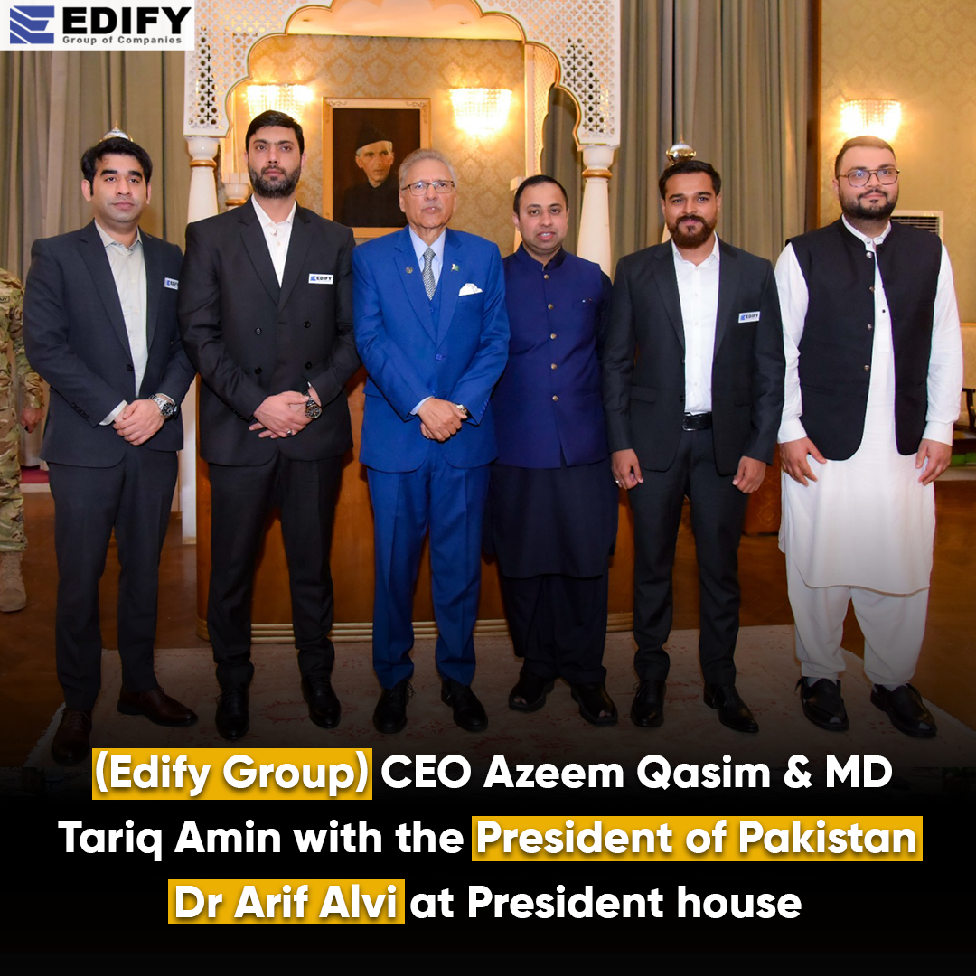 Edify Group of Companies' CEO, Mr. Azeem Qasim, and Managing Director, Mr. Tariq Amin, had the distinct honor of meeting with the President of Pakistan, Dr. Arif Alvi, at the President House during the notable event, BizNet 2024. This significant gathering showcased the collaborative efforts and visionary leadership of Edify Group in the Educational business landscape.  The presence of Mr. Azeem Qasim and Mr. Tariq Amin alongside President Dr. Arif Alvi at BizNet 2024 underscores the organization's commitment to impactful contributions in various sectors. As leaders in their respective roles, their engagement with the President reflects Edify Group's dedication to fostering innovation, business growth, and positive change within the Education industry.  This event serves as a testament to Edify Group's standing as a dynamic and influential player, with its leadership actively participating in high-profile discussions and initiatives to shape the future of Education in the World.